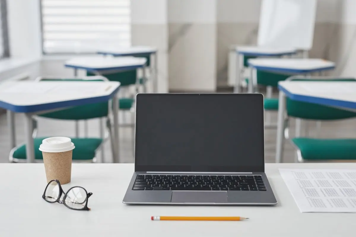 Schreibtisch mit Laptop, Stift und Papier — die Einheit kombiniert Bildschirmarbeit und Rechnen auf Papier