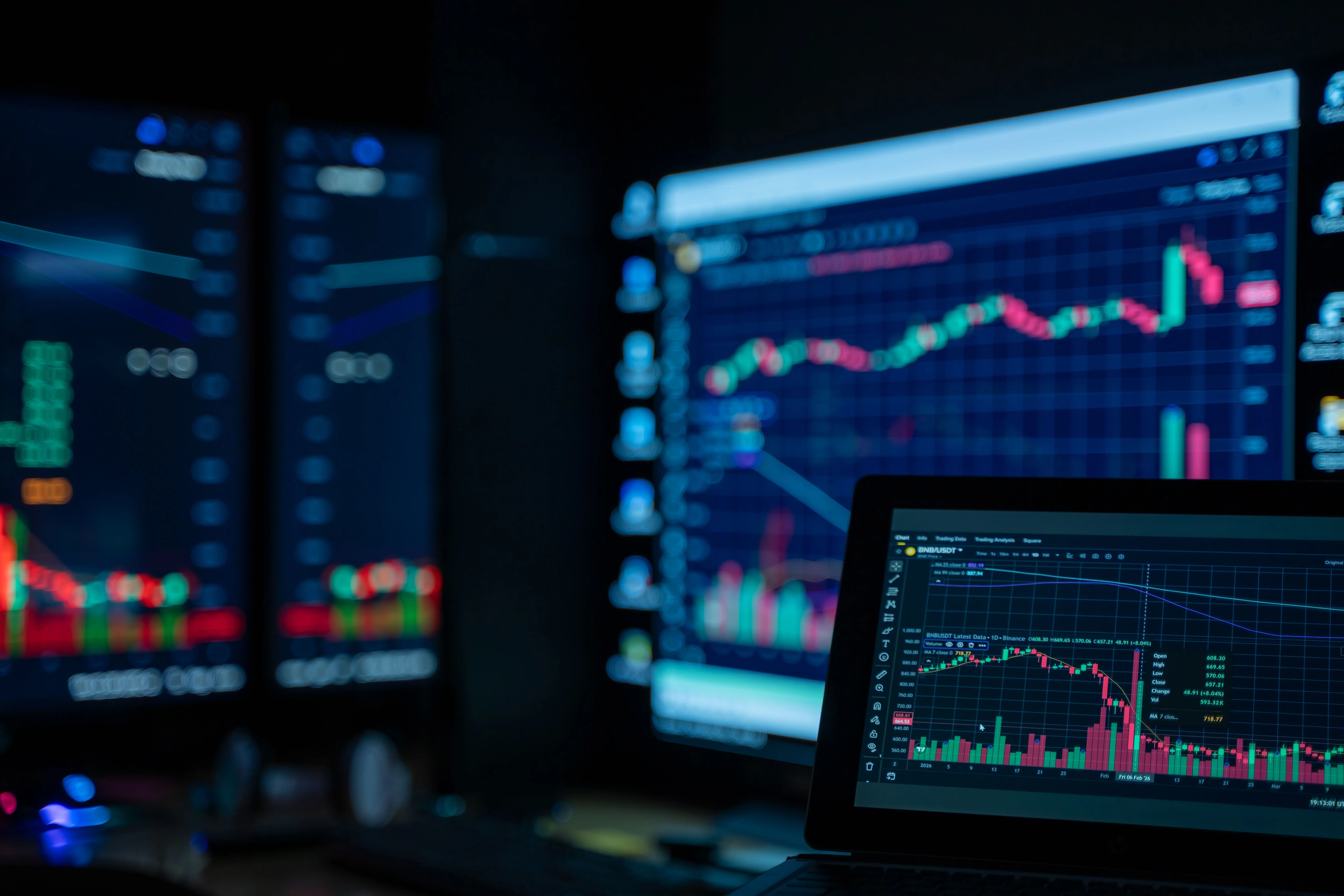 Verschiedene Trading-Arten im Überblick auf mehreren Bildschirmen in einem dunklen Raum