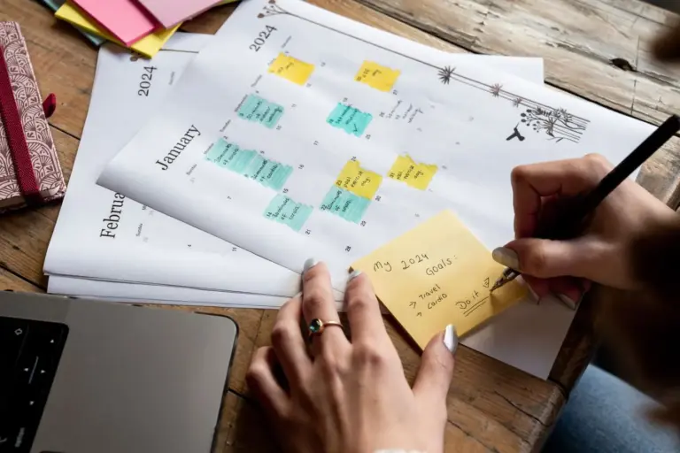Hand notiert Vorsätze fürs neue Jahr neben einem Kalender